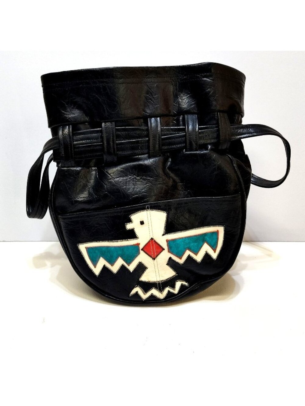 Native American Style Leather Bucket Bag Thunder Bird Colorful Fabric Lining VGC